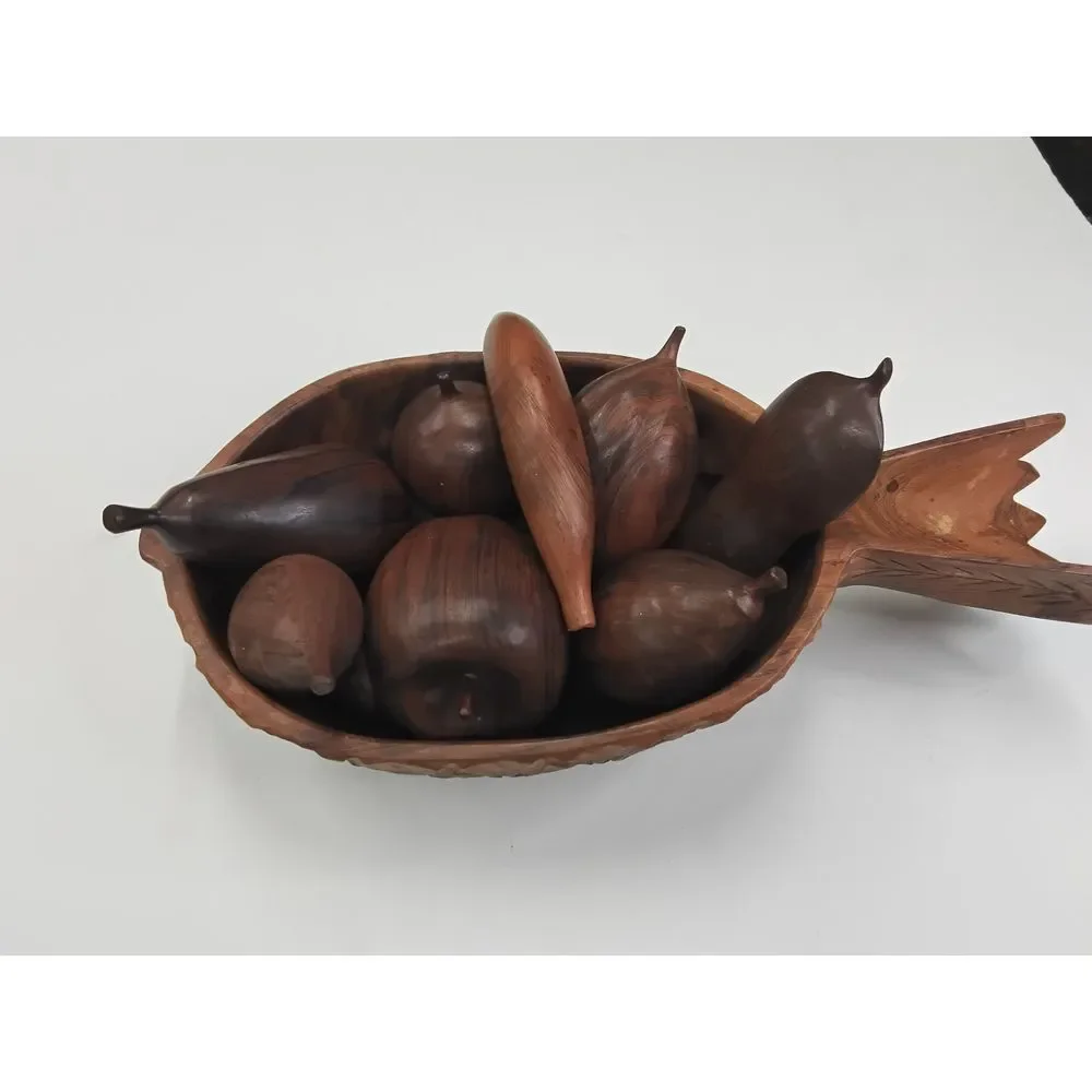 Carved Wooden Fruit Bowl Set Decorative Carved Pineapple Design w/8 Fruit Pieces